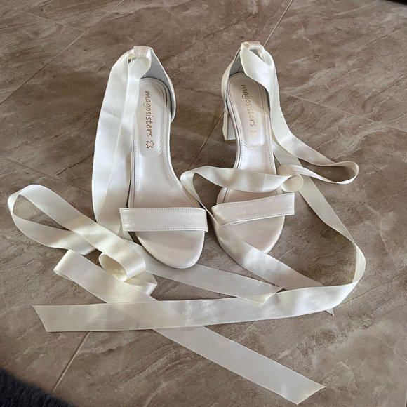 Ivory Block Heels With Satin Ribbon - Picture 2 of 7